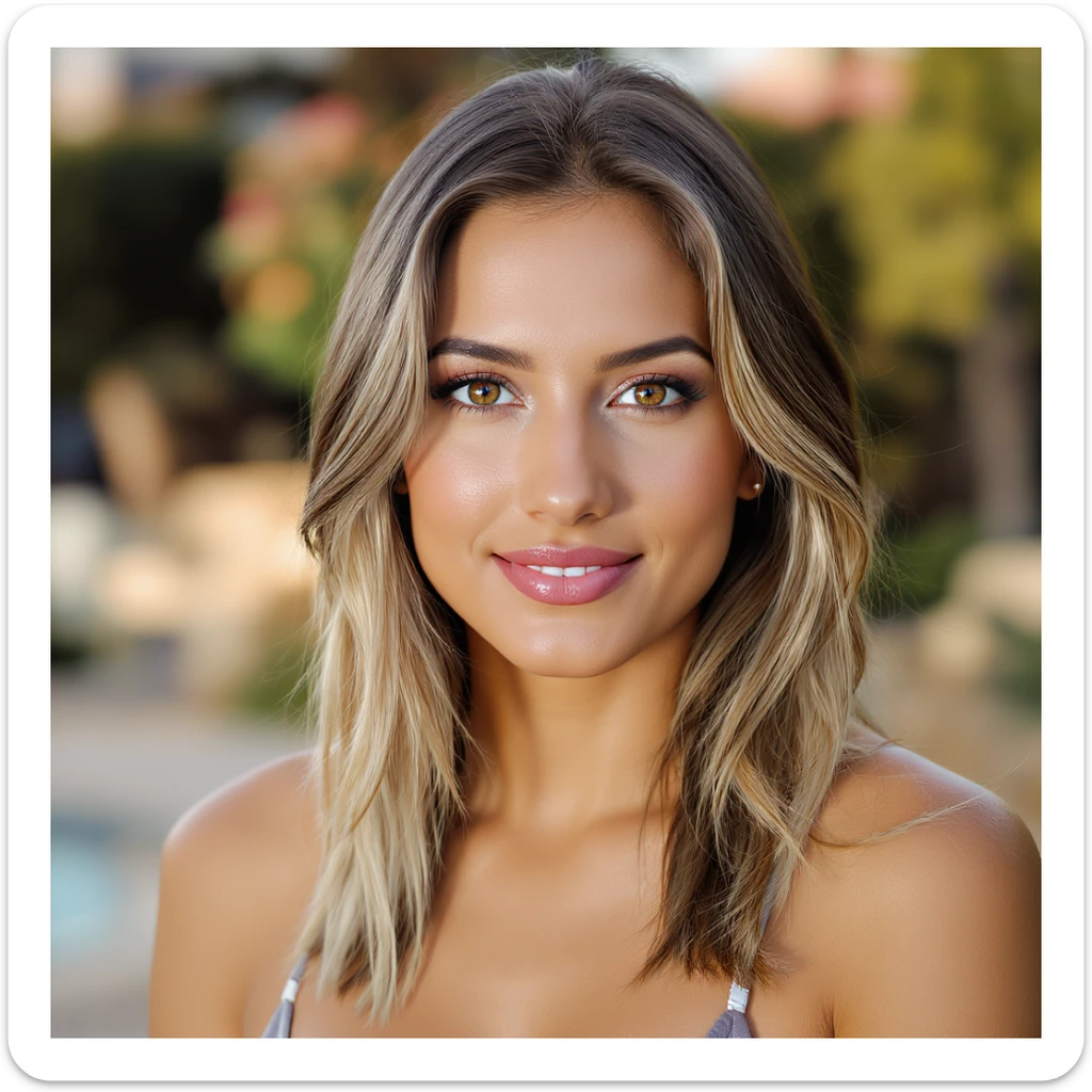 realistic portrait of a brunette woman with neck-length hair, blonde streaks in the front, and brown eyes sticker