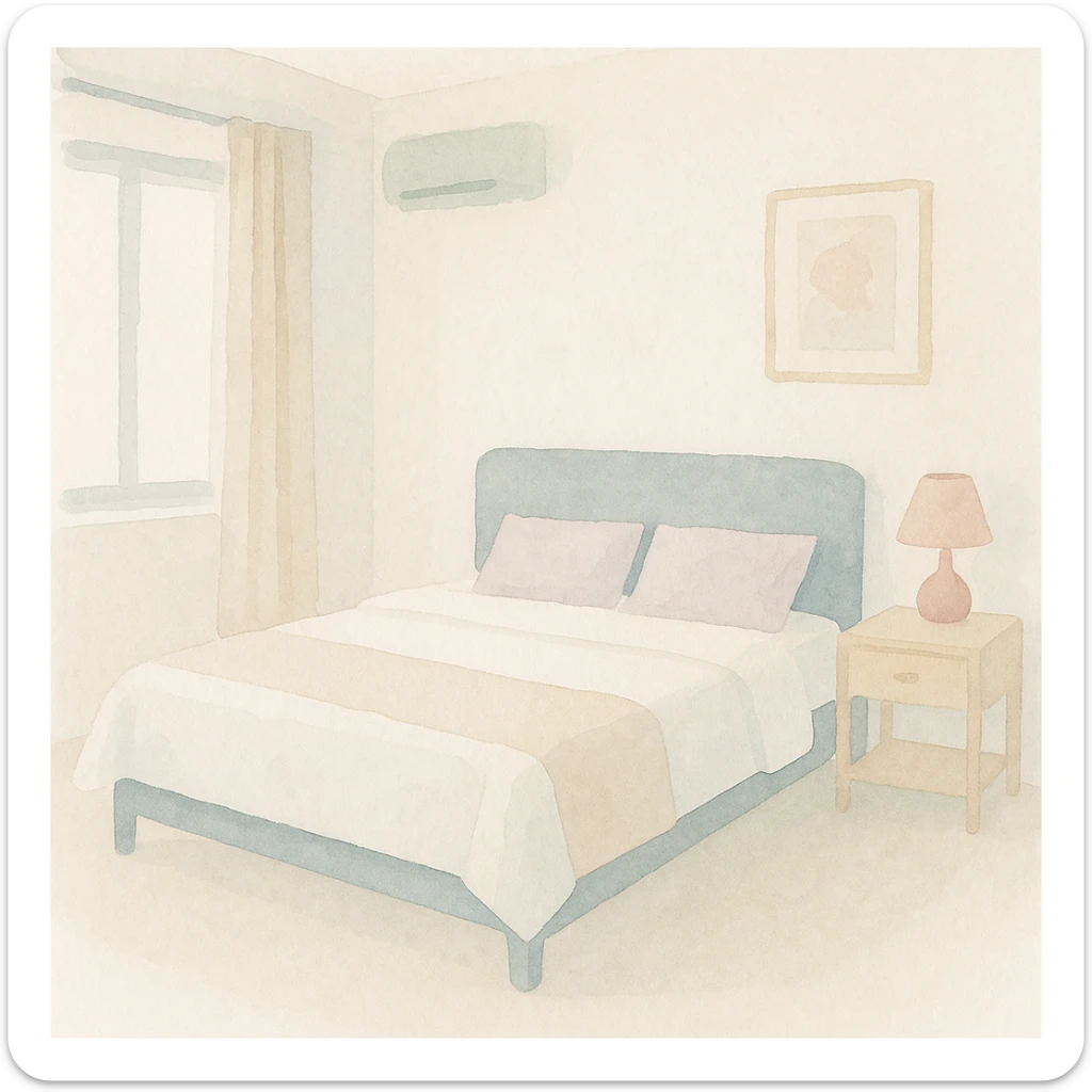 soft watercolor illustration of a double bed hotel room in a minimalist modern style, pastel colors, delicate linework, gentle whimsical mood, minimal soft shading sticker