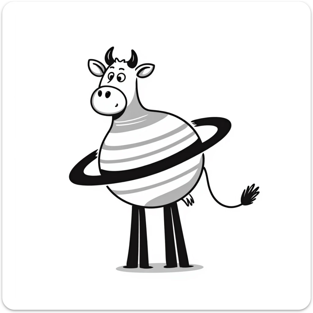 a cow with the body of the planet Saturn with visible rings and gigantic human feet, illustrative style sticker