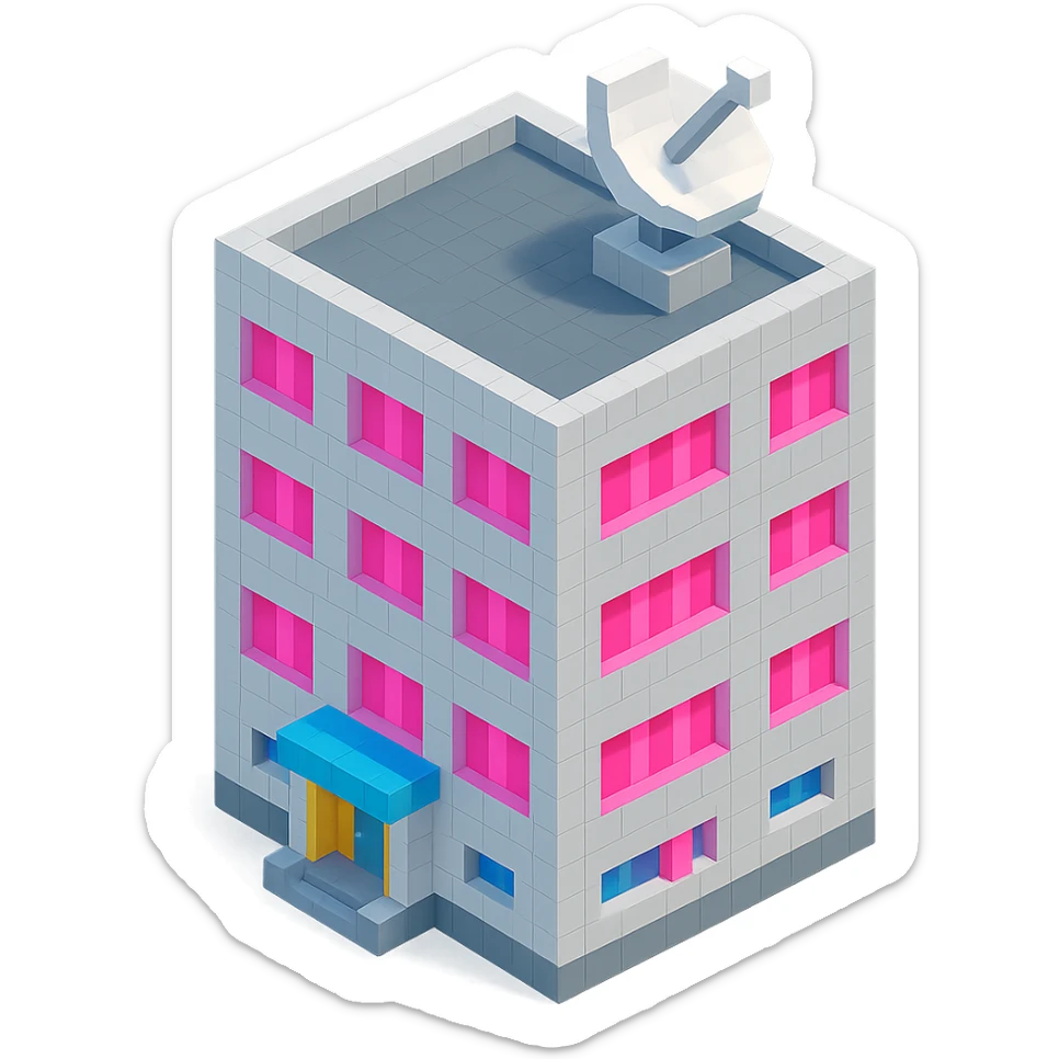 modern Russian panel apartment building, square block, light gray, bright pink windows, detailed entrance, large satellite TV dish on roof, isometric view sticker