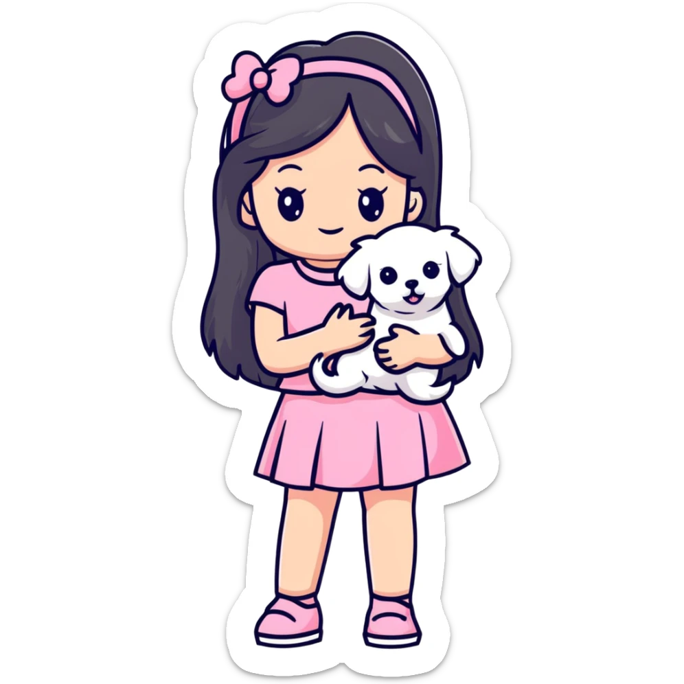 beautiful girl with long hair in pink top and skirt holding a small white Maltese puppy sticker