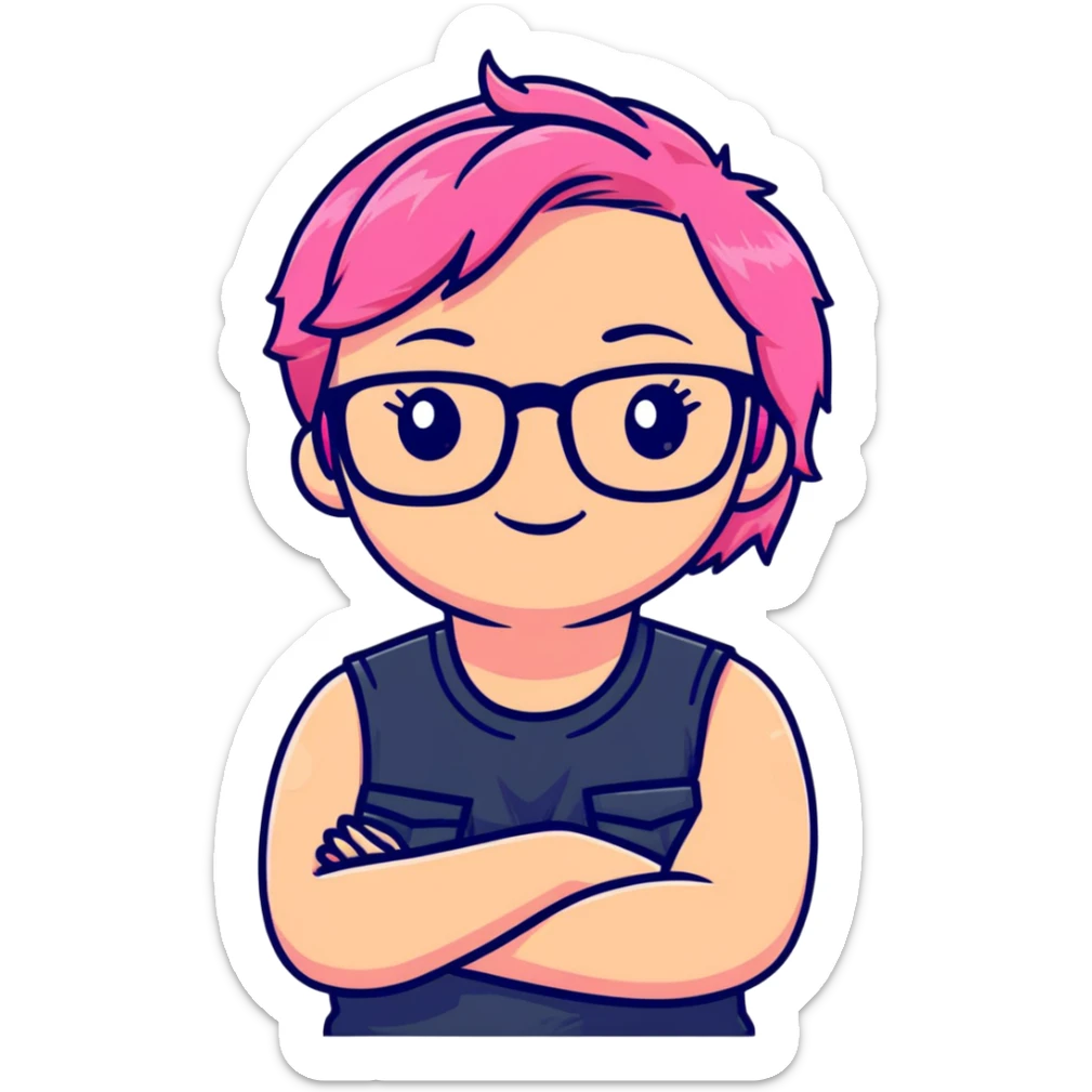 Pink-haired girl with glasses crossing her arms with a slight smirk sticker