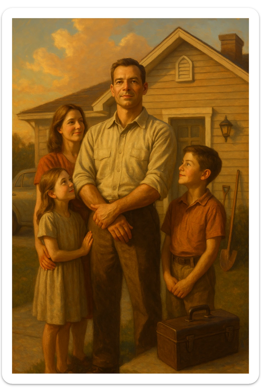 Uomo tra i 35 e i 45 anni, in piedi con postura fiera davanti alla sua casa, circondato dalla famiglia: moglie e figli lo guardano con rispetto e affetto. Indossa abiti semplici ma ordinati, simbolo di lavoro e stabilità (camicia, pantaloni, magari una cassetta degli attrezzi o una valigetta vicino). Sullo sfondo elementi che richiamano i suoi ruoli: casa ordinata, auto familiare, strumenti di lavoro, simboli di protezione e presenza. Espressione serena, forte ma accogliente. Colori caldi, luce naturale del tramonto. Stile realistico, atmosfera rassicurante e simbolica sticker