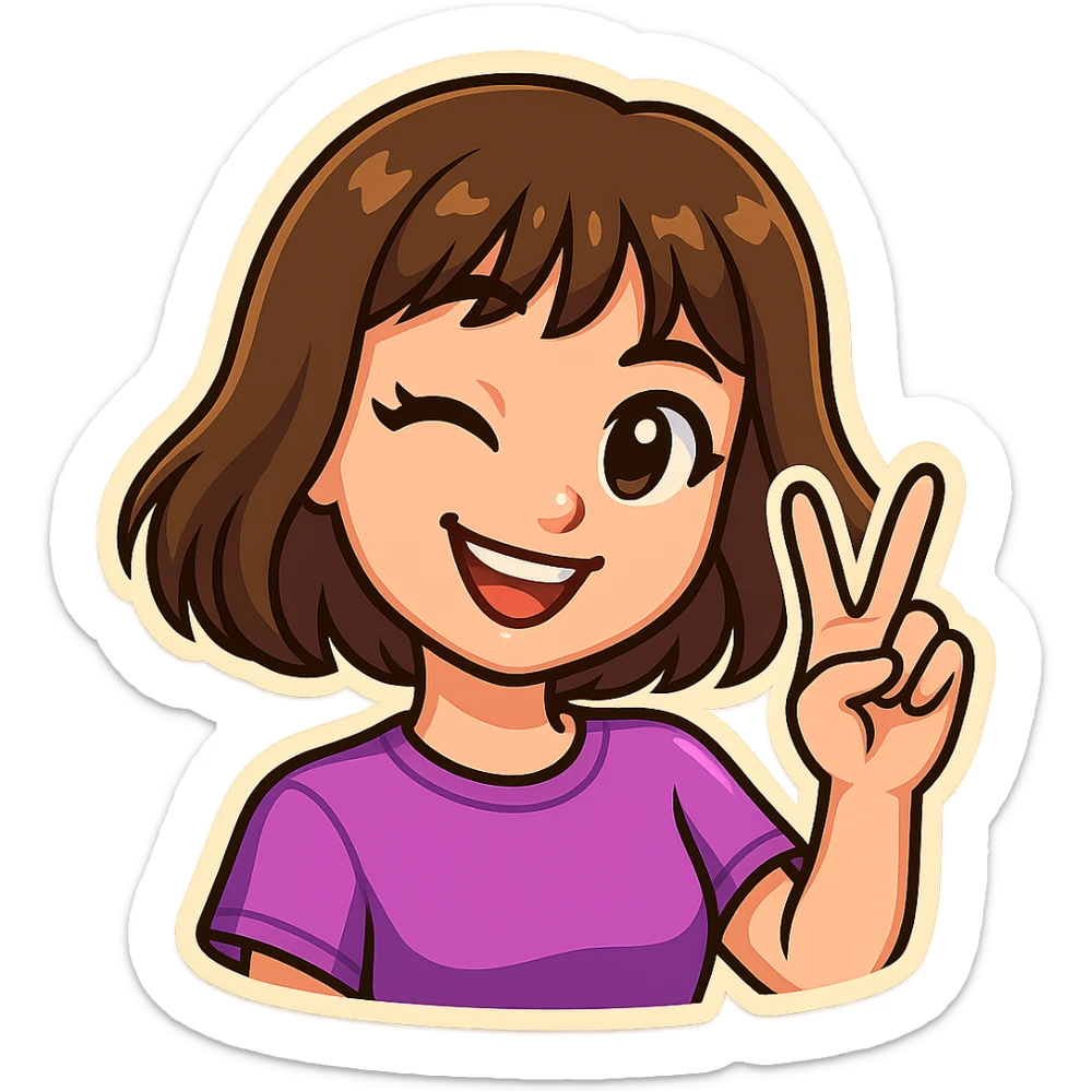 Create a Telegram sticker style character of a cheerful girl inspired by Russian singer Dora. She is smiling, winking with one eye, and showing a V sign with her fingers. Match the style, color palette, and shading of the provided sticker reference, including big expressive eyes, simple shapes, soft shadows, white border, and transparent background. sticker