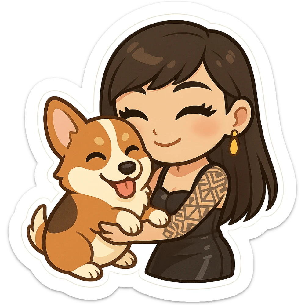 chibi sticker of an Asian girl with long straight hair, side-swept bangs, black leather dress, gold drop earrings, bold false lashes, and a geometric 3/4 sleeve tattoo on her left arm, hugging a joyful red head tri-color corgi, simplified, emoji-like sticker