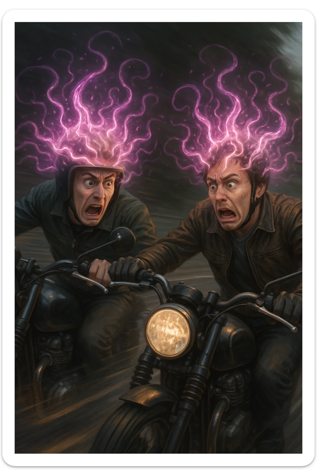 motociclisti spaventati perchè stanno per avere incidente a causa dell'infezione Toxoplasma che altera le loro menti sticker