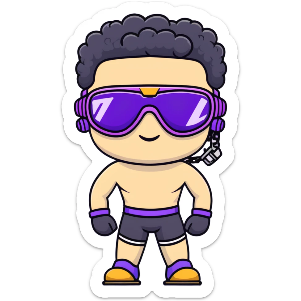 shirtless male athlete with white skin and moderately curly black hair on top with shaved sides, wearing ski goggles with purple frames/outline and very dark heavily tinted black lenses that completely hide the eyes, and a simple plain black chain necklace, no earrings sticker