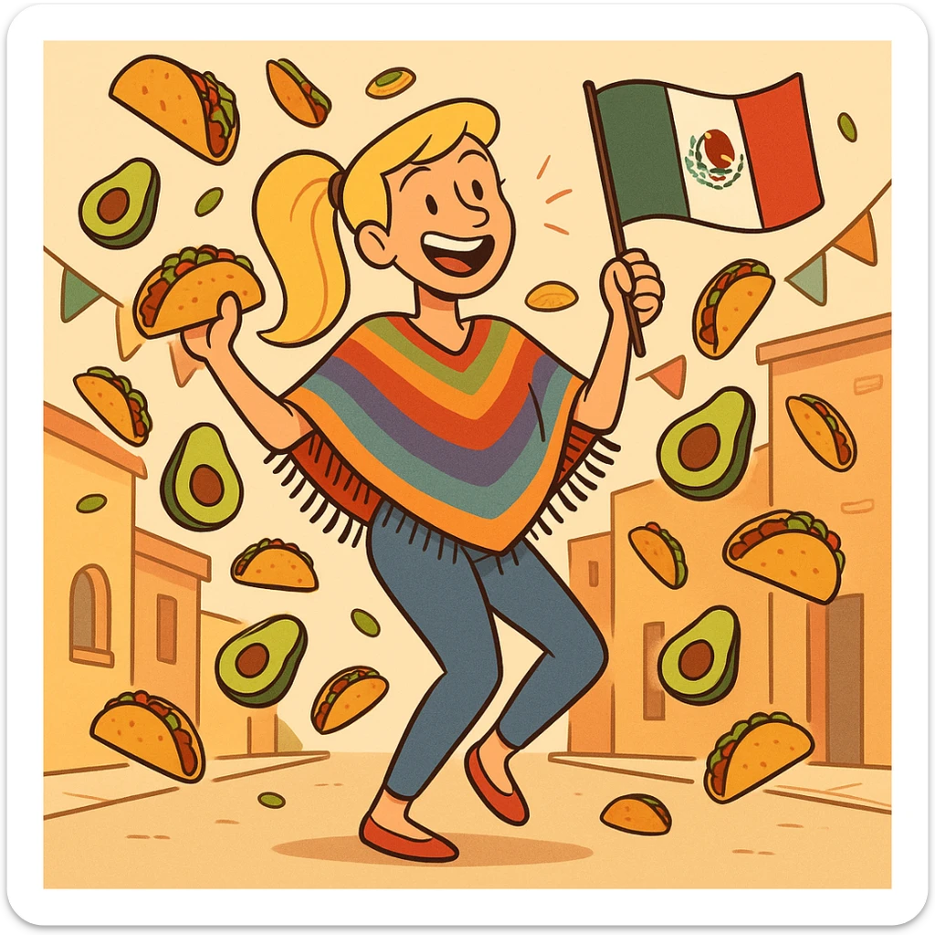 playful cartoon of a tall blonde woman, colorful poncho, smiling, holding taco and avocado, waving Mexico flag, dancing in the street, surrounded by tacos and avocados, street party scene sticker