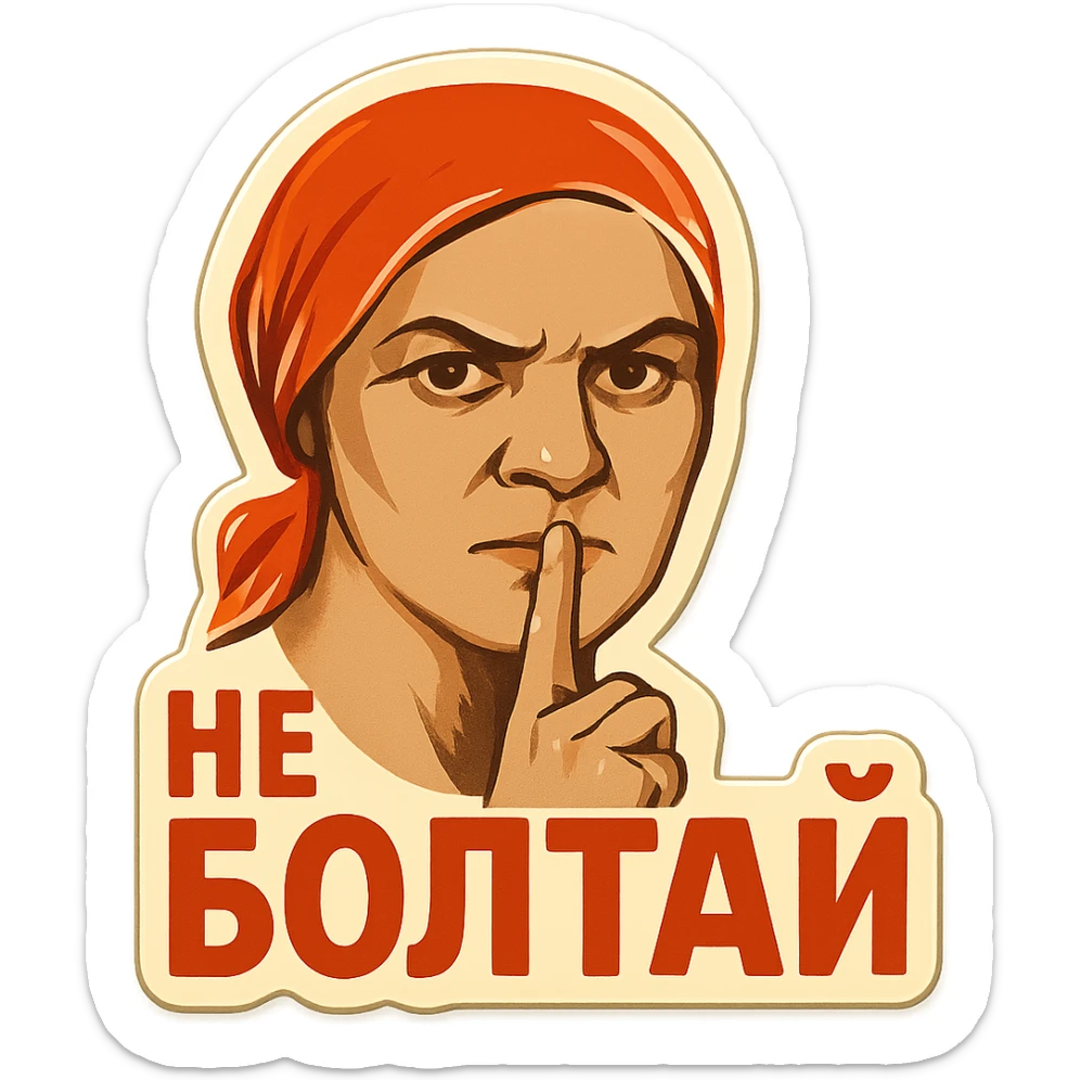 cartoon emoji of stern Soviet woman with red headscarf, finger to lips, phrase 'не болтай' in bold Cyrillic letters sticker