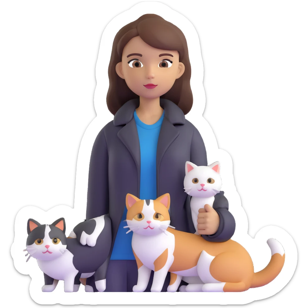 Light-skinned girl with brown straight hair wearing a black jacket, along with one pure white cat and one calico cat sticker