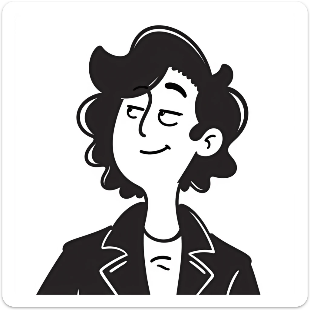 Hand-drawn portrait of a rockstar musician, face and upper body only, confident expression with half-closed eyes looking upward, knowing smirk, contemplative expression showing he's envisioning success sticker