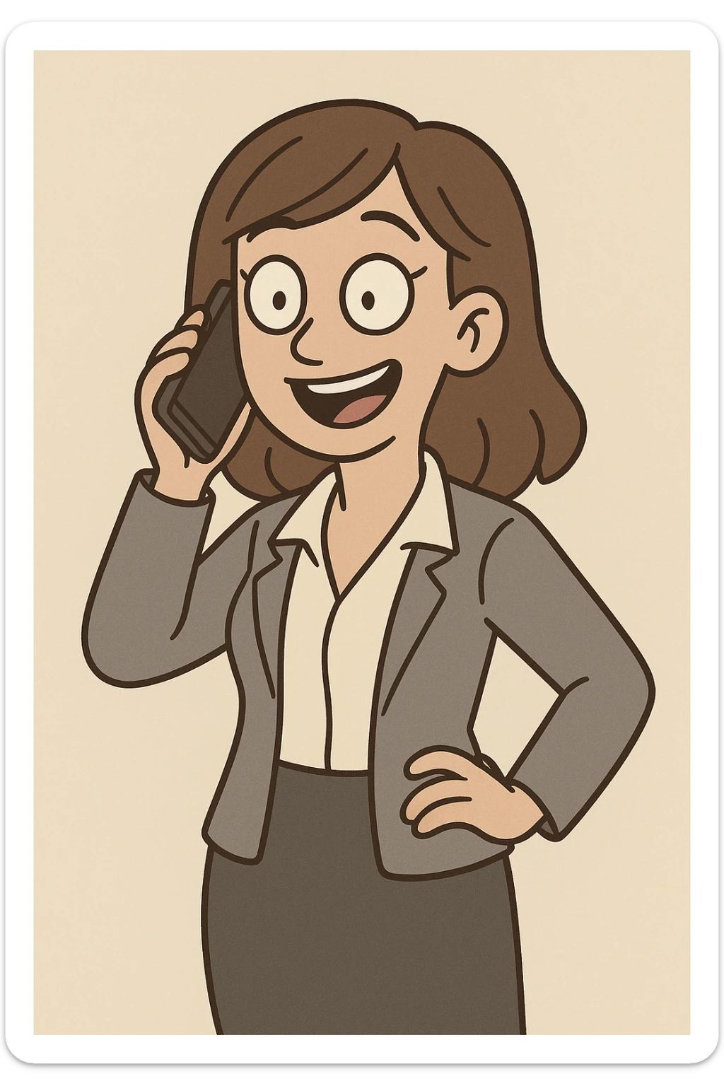 corporate girl, medium length straight wavy hair, cartoon style, talking on phone, cheerful, plain background sticker