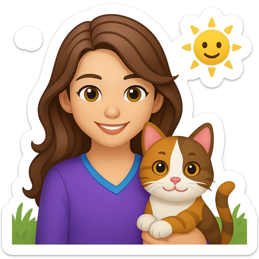 Add a simple, cheerful background to the scene with a girl with long, wavy brown hair, brown eyes, purple clothes, smiling with a three-color cat beside her, in emoji style. sticker