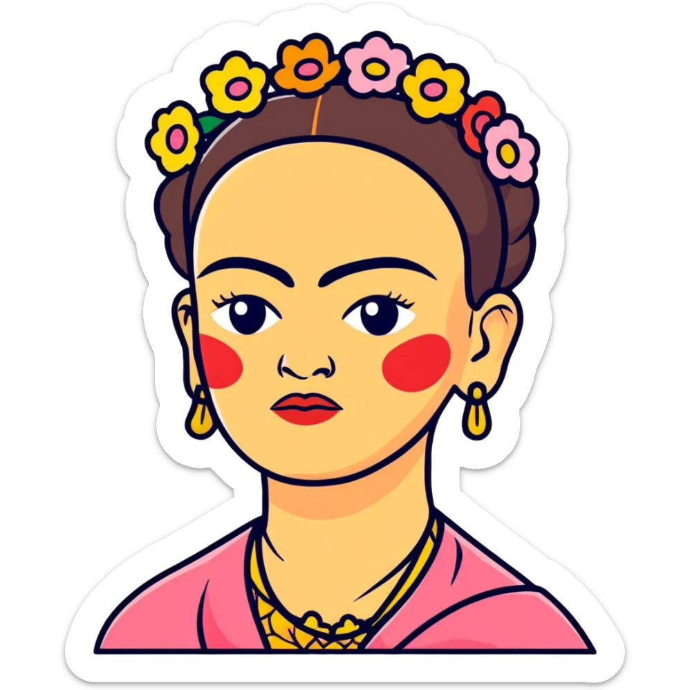 cartoonish expressive portrait of Frida Kahlo with iconic unibrow and flowers sticker