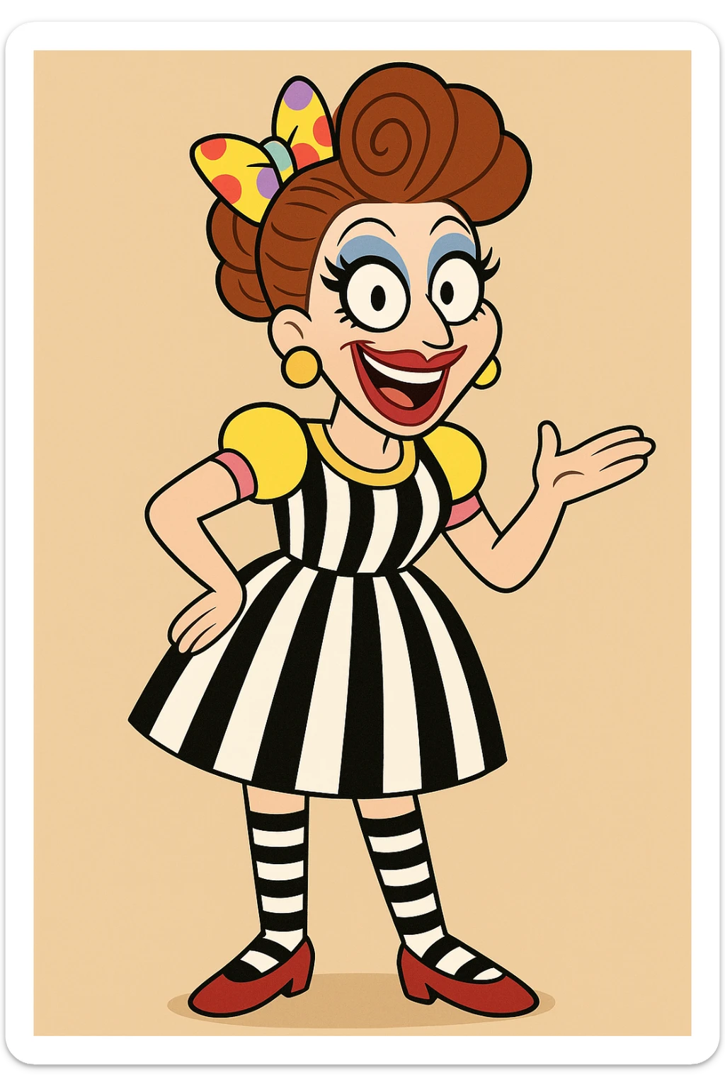 Bianca Del Rio red and purple spots hair ribbon yellow pink blue and Stripes dress black and white stripes socks red shoes  sticker