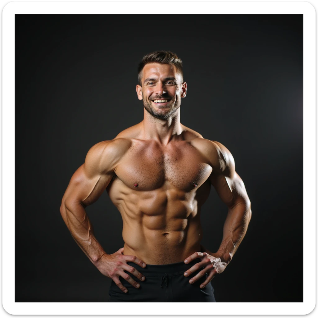realistic 4K photo of a confident crossfit male athlete with sculpted abs, visible muscles, bright lighting, gym background, proud posture sticker