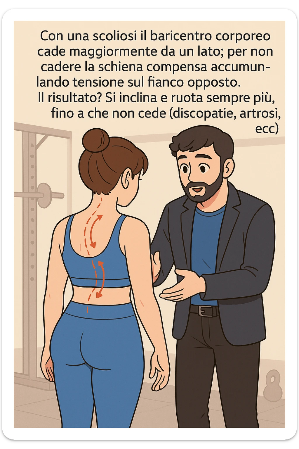 fai questa immagine in versione manga/webtoon a colori con stile di disegno carino e moderno, il manga mostra la donna di spalle, mentre l'uomo le tocca la spina dorsale per spiegarle come funziona la scoliosi:
Con una scoliosi il baricentro corporeo cade maggiormente da un lato; per non cadere la schiena compensa accumulando tensione sul fianco opposto.
Il risultato? Si inclina e ruota sempre più, fino a che non cede (discopatie, artrosi, ecc) sticker