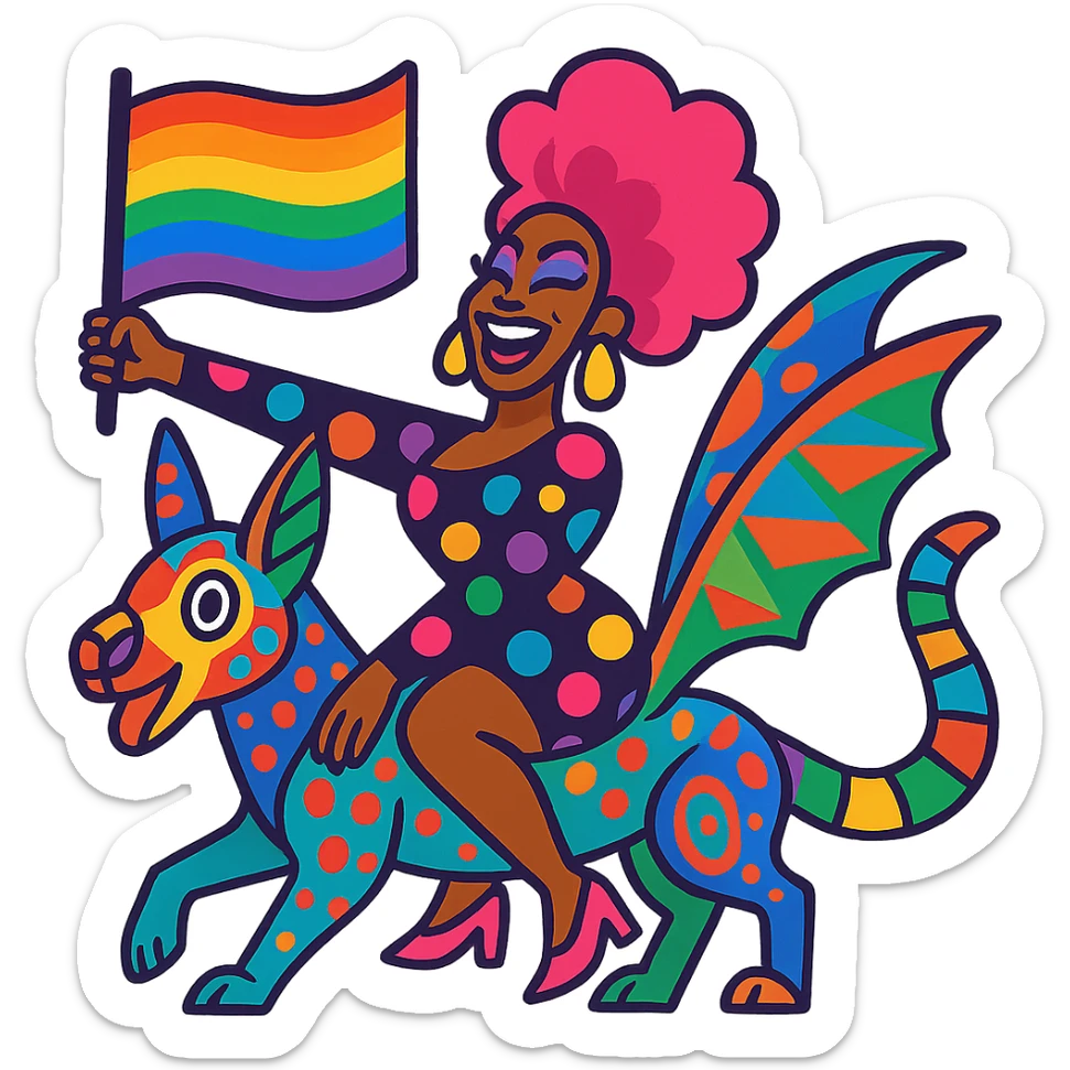 drag queen riding a colorful alebrije, waving an LGBTQ flag, vibrant and lively colors sticker
