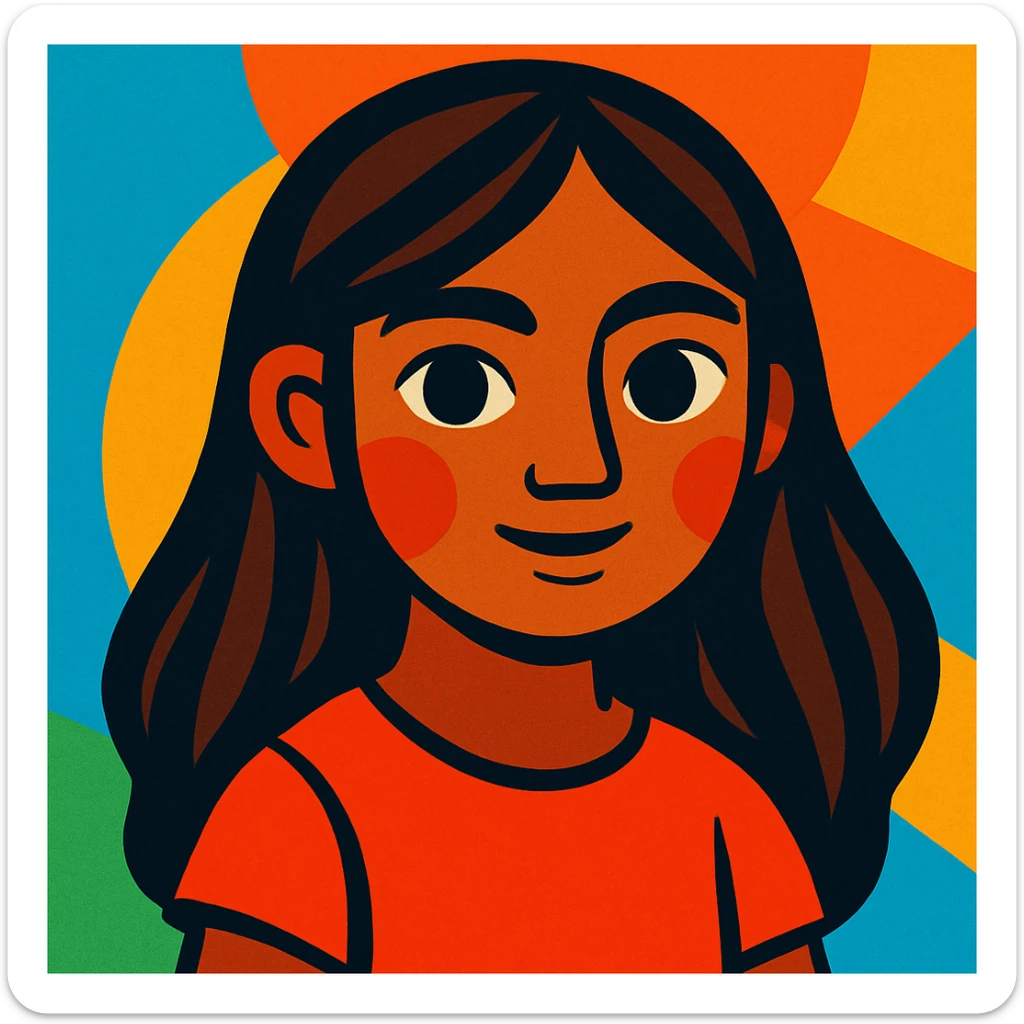 portrait of a brown-skinned girl with long brown hair and black eyes, modern illustrative style, vibrant colors sticker