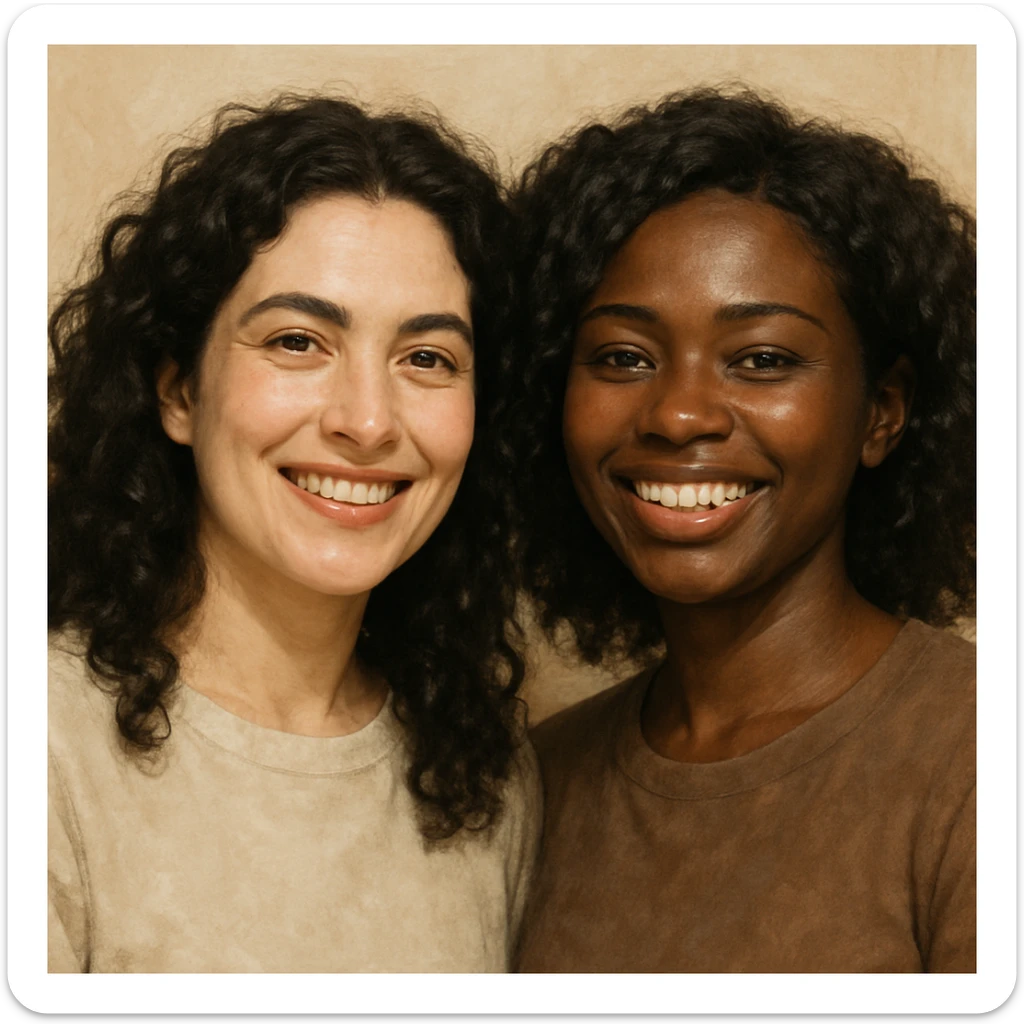 illustration of two women, one with light skin and one with dark skin, both with black curly hair, black eyes, full lips, smiling expression, realistic style sticker