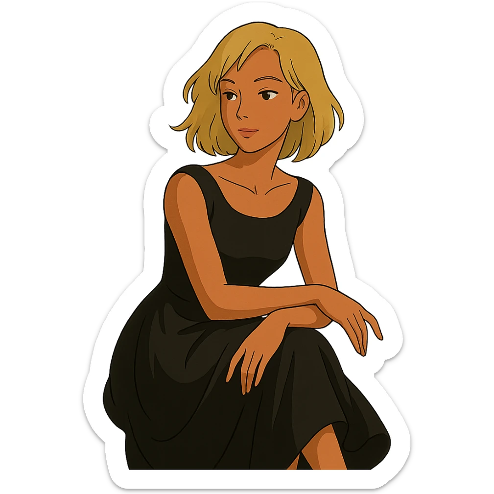 Asian woman, tanned skin, mid-length blonde hair, black dress, elegant pose, ghibli style sticker