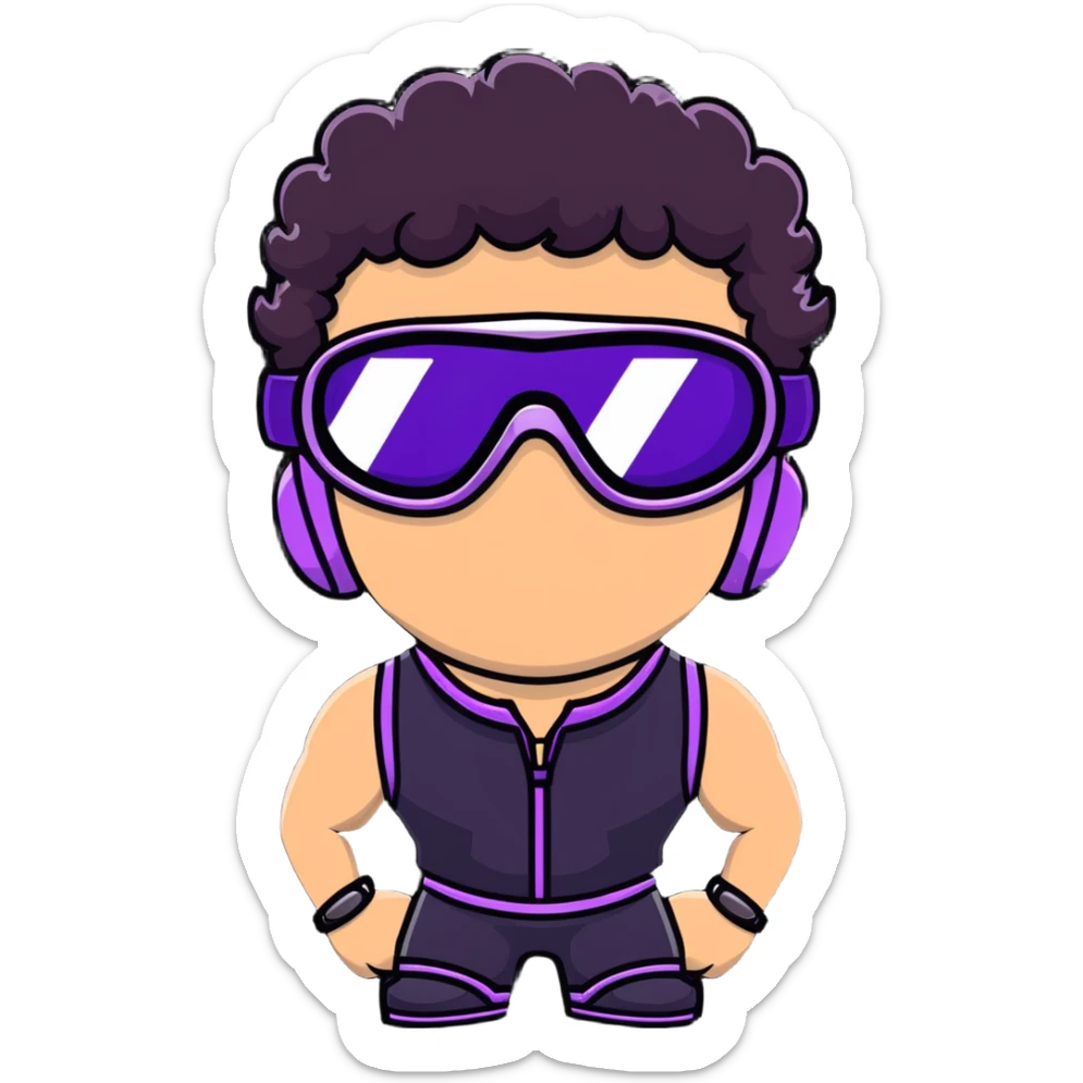 close-up of male athlete with white skin and moderately curly dark brown hair on top with shaved sides, wearing ski goggles with purple frames and very dark black lenses, a simple plain black chain necklace, and a completely unzipped sleeveless vest with purple and black sequin fire pattern design with no logo, frame centered on face and upper chest sticker