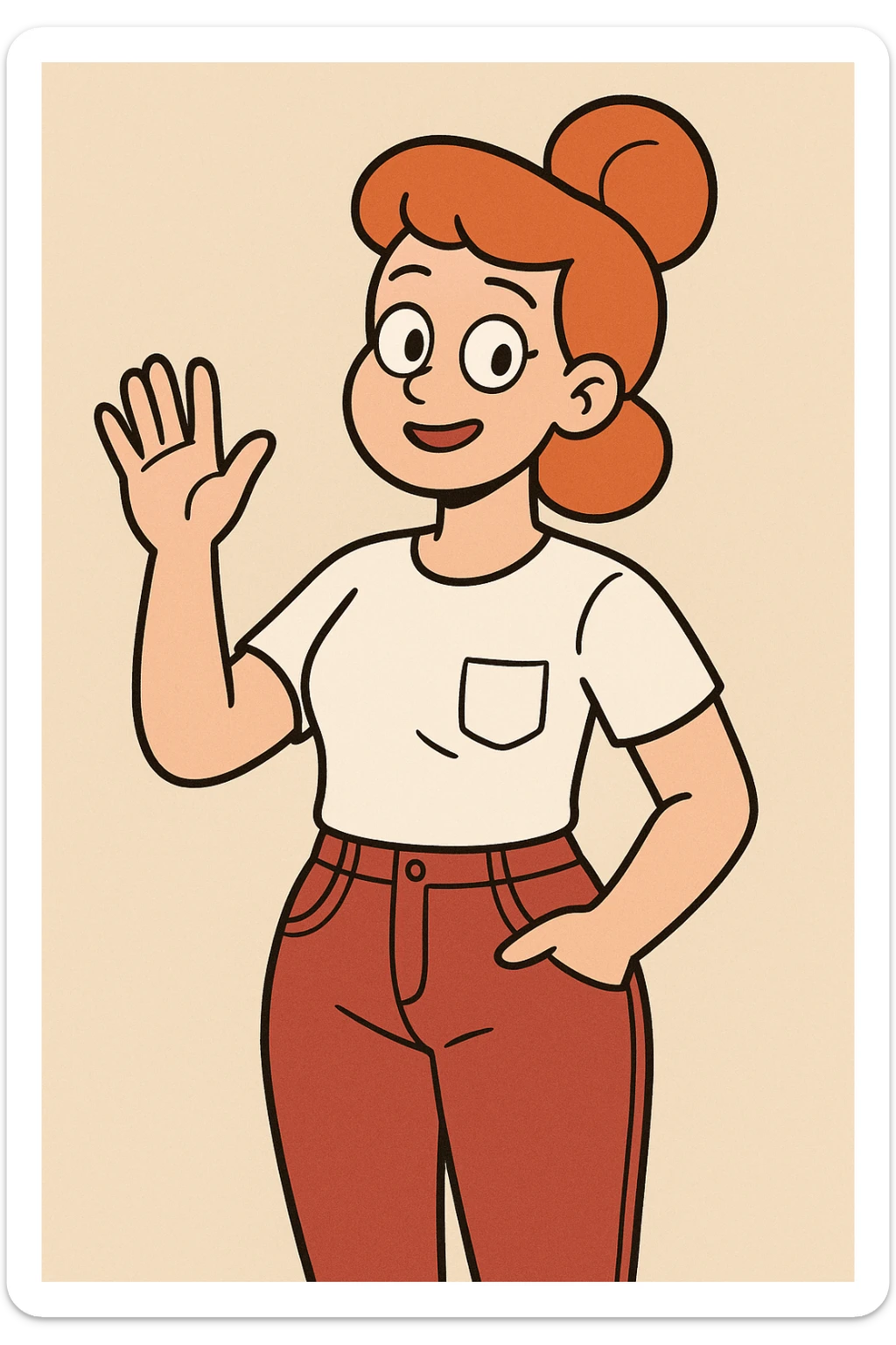 Girl dark orange hair bond hairstyle women's white t shirts pockets red trousers a hand hello  sticker