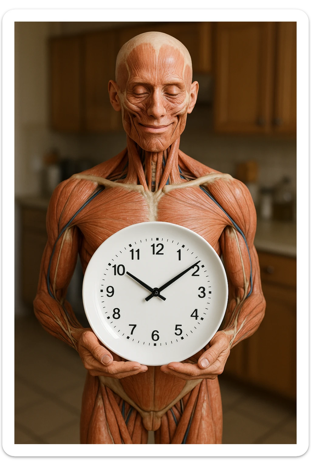 corpo umano anatomico, che tiene in mano un piatto bianco con la lancette di un orologio sopra, figura visibile fino ai fianchi, espressione del volto soddisfatta, sullo sfondo la sua cucina sfocata, iperrealistico 4k sticker