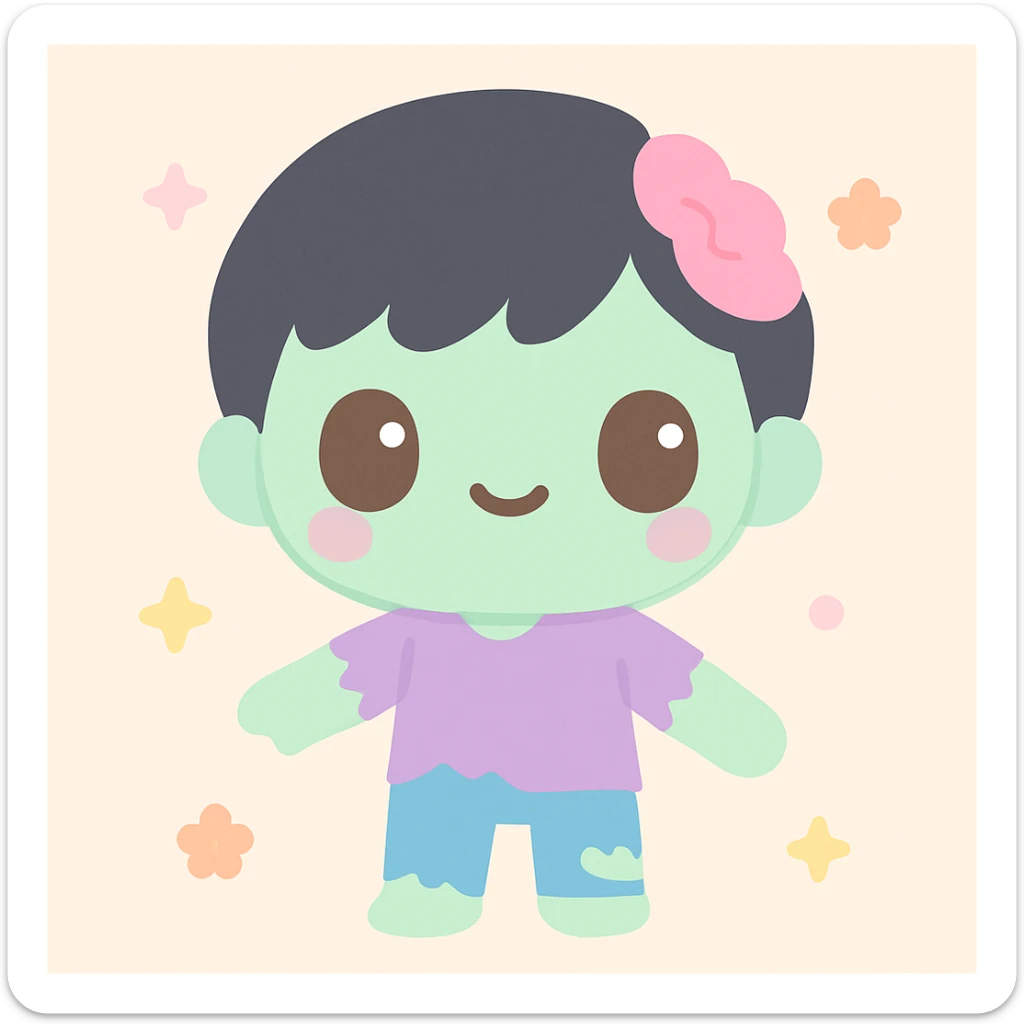 zombie boy with black hair and brown eyes, fourth unique style, kawaii style, creative sticker