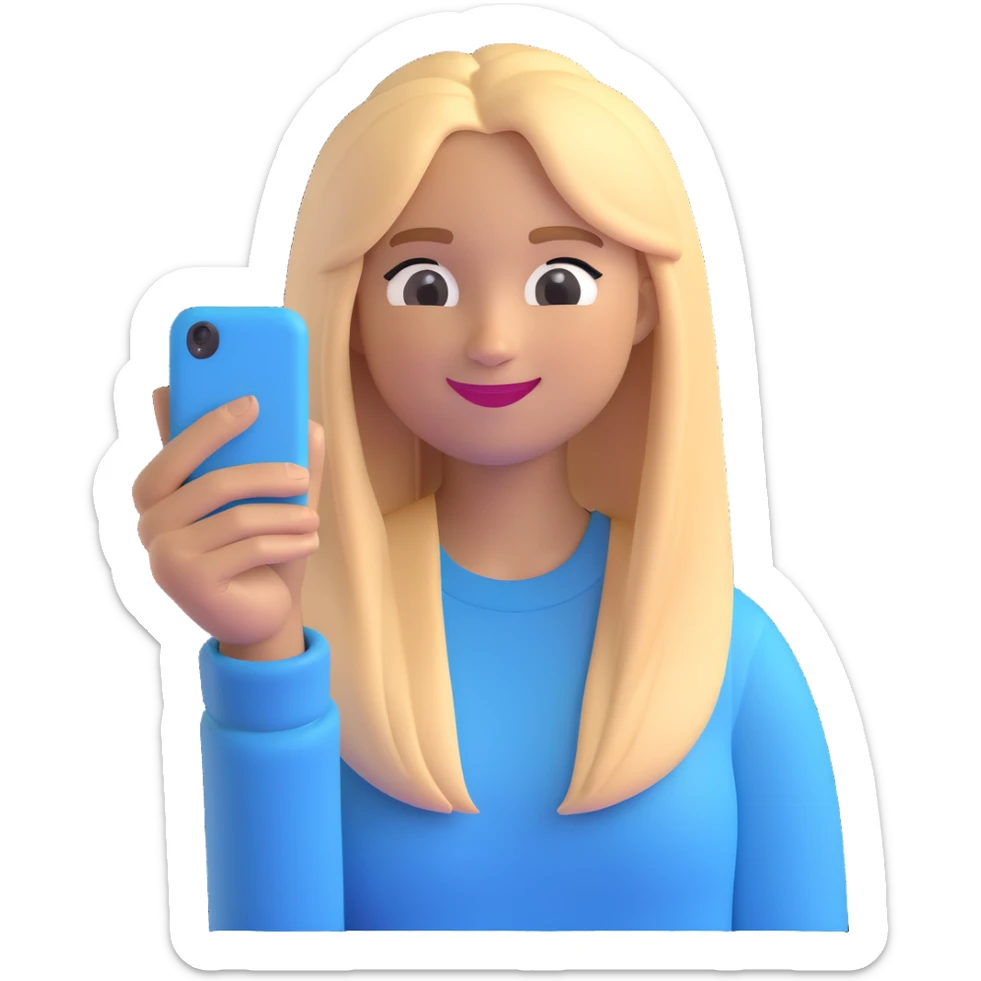 3D emoji style character with long straight blonde hair, light skin, winking, wearing a light sweater, selfie pose sticker