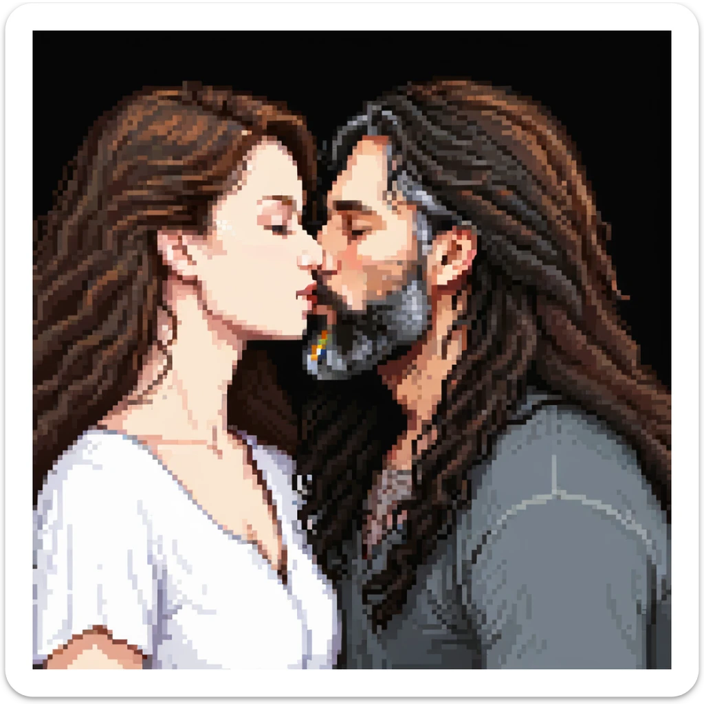 pixel art romantic atmosphere of a couple kissing: white woman with long wavy dark brown hair and white man with long hair and black beard sticker