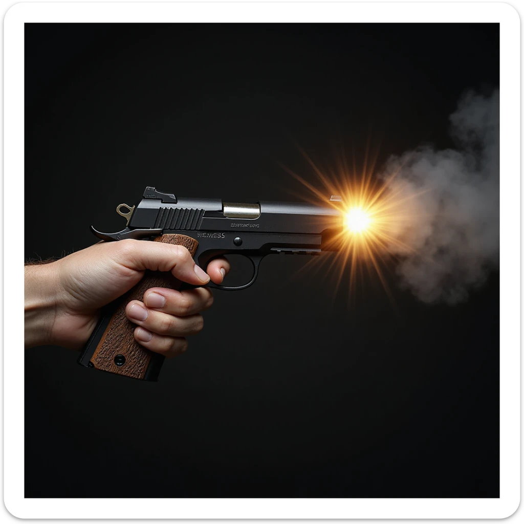 a realistic handgun firing a bullet, with muzzle flash and smoke coming out of the barrel, photorealistic style sticker