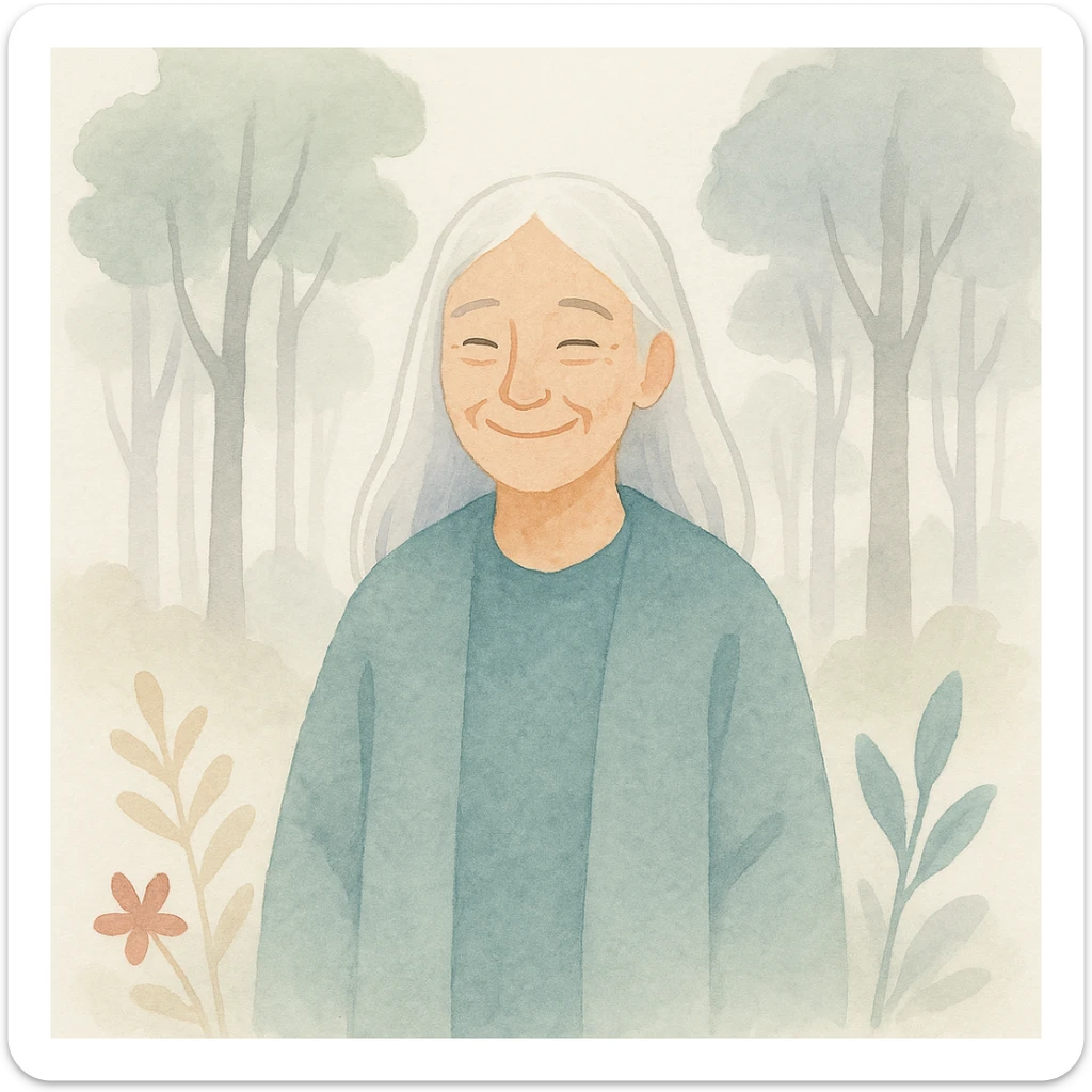 legendary mentor, smiling elderly woman with long silver hair, in an enchanted forest, watercolor style sticker