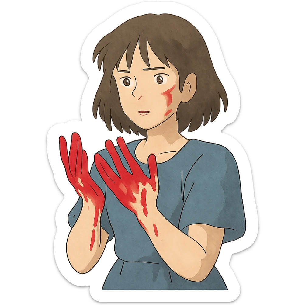 ghibli style illustration of a woman with blood on her hands sticker