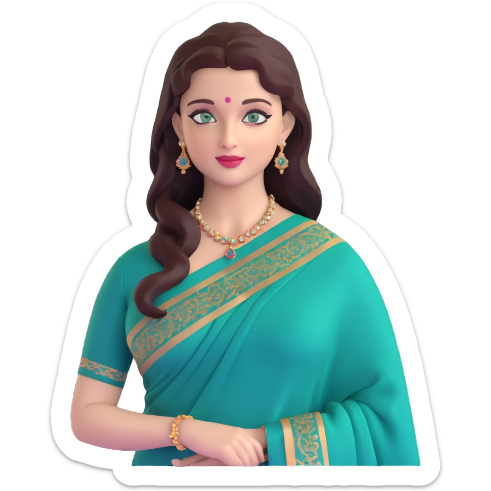Aishwarya Rai in an elegant saree, traditional Indian look, blue-green eyes sticker