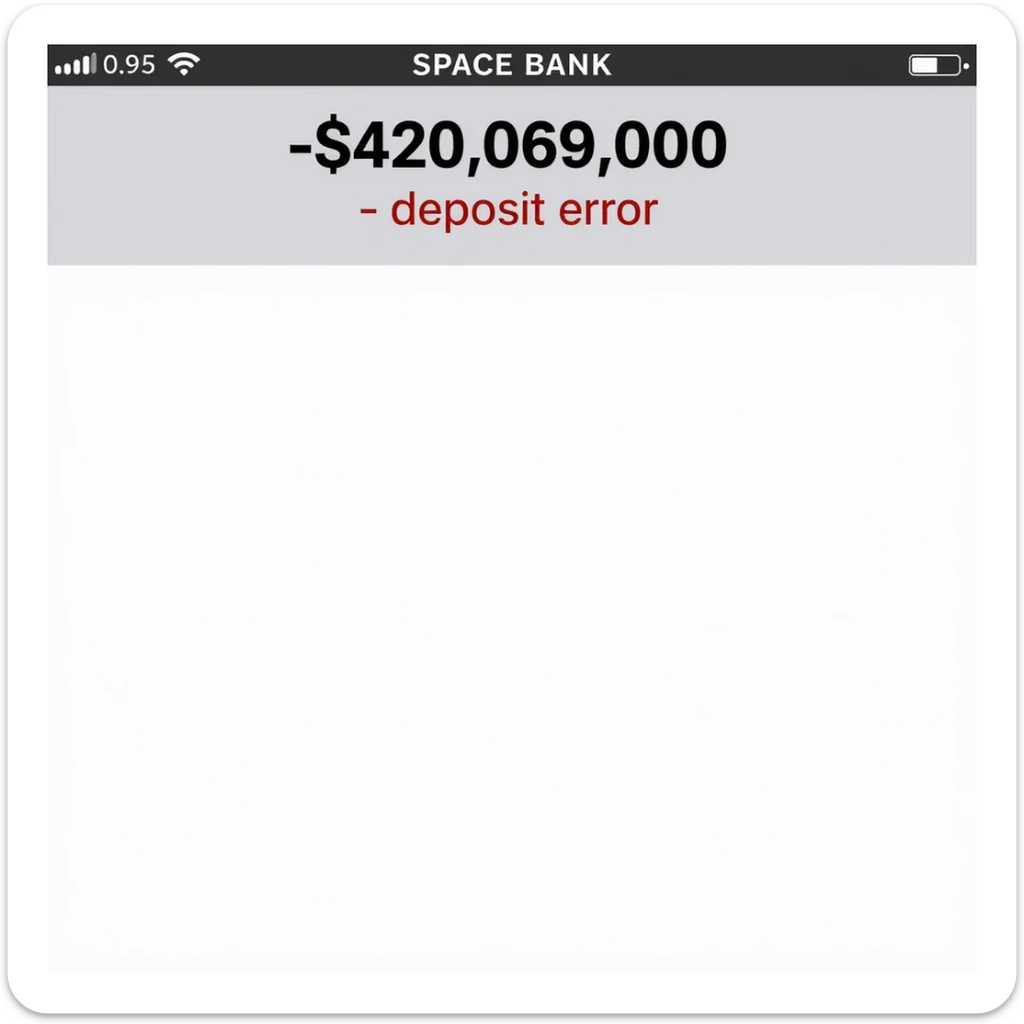 a iphone screenshot showing a SPACE bank balance of -$420,069,000, "deposit error" the numbers are shown in red, indicating a negative balance sticker
