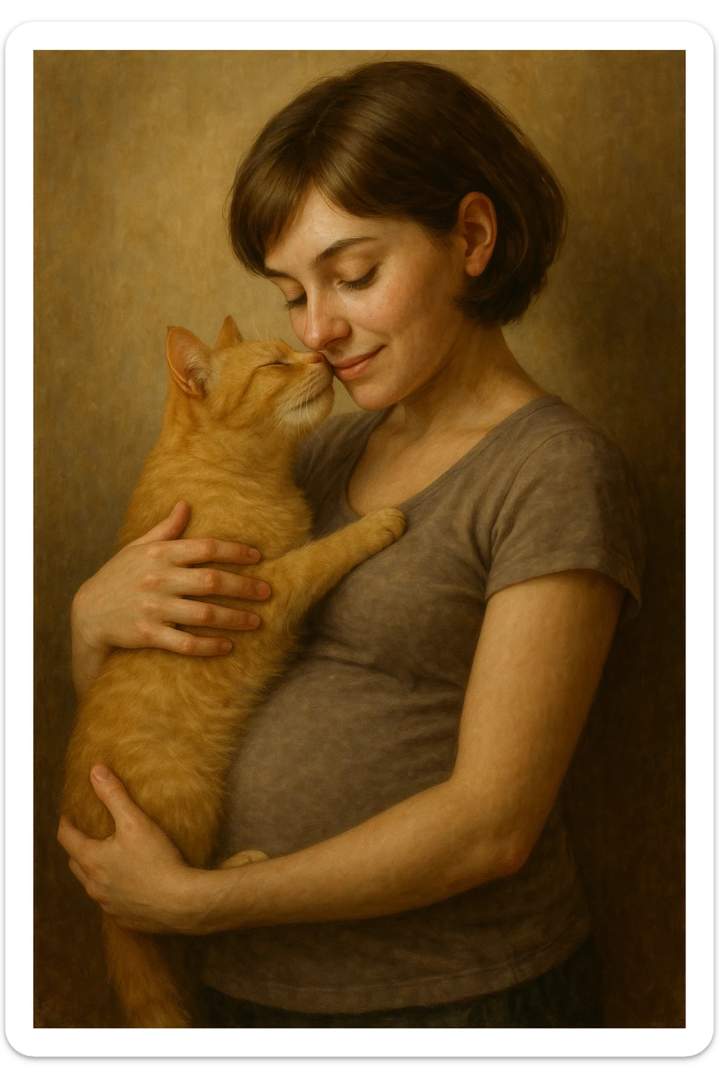 A pregnant girl with short brown hair and green eyes, holding a blonde cat in her arms. The girl is looking down at the cat lovingly, and the cat is nuzzling her. sticker
