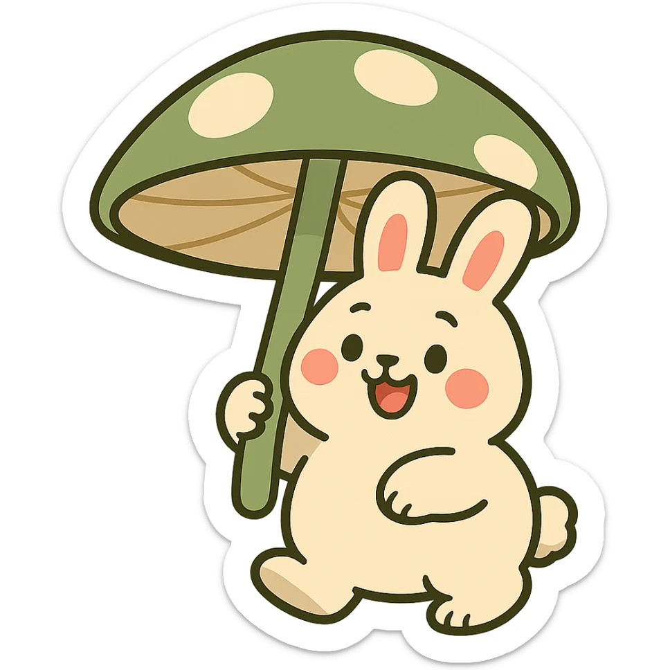 chubby bunny holding a mushroom umbrella, pastel beige and moss green, pastel toon style sticker