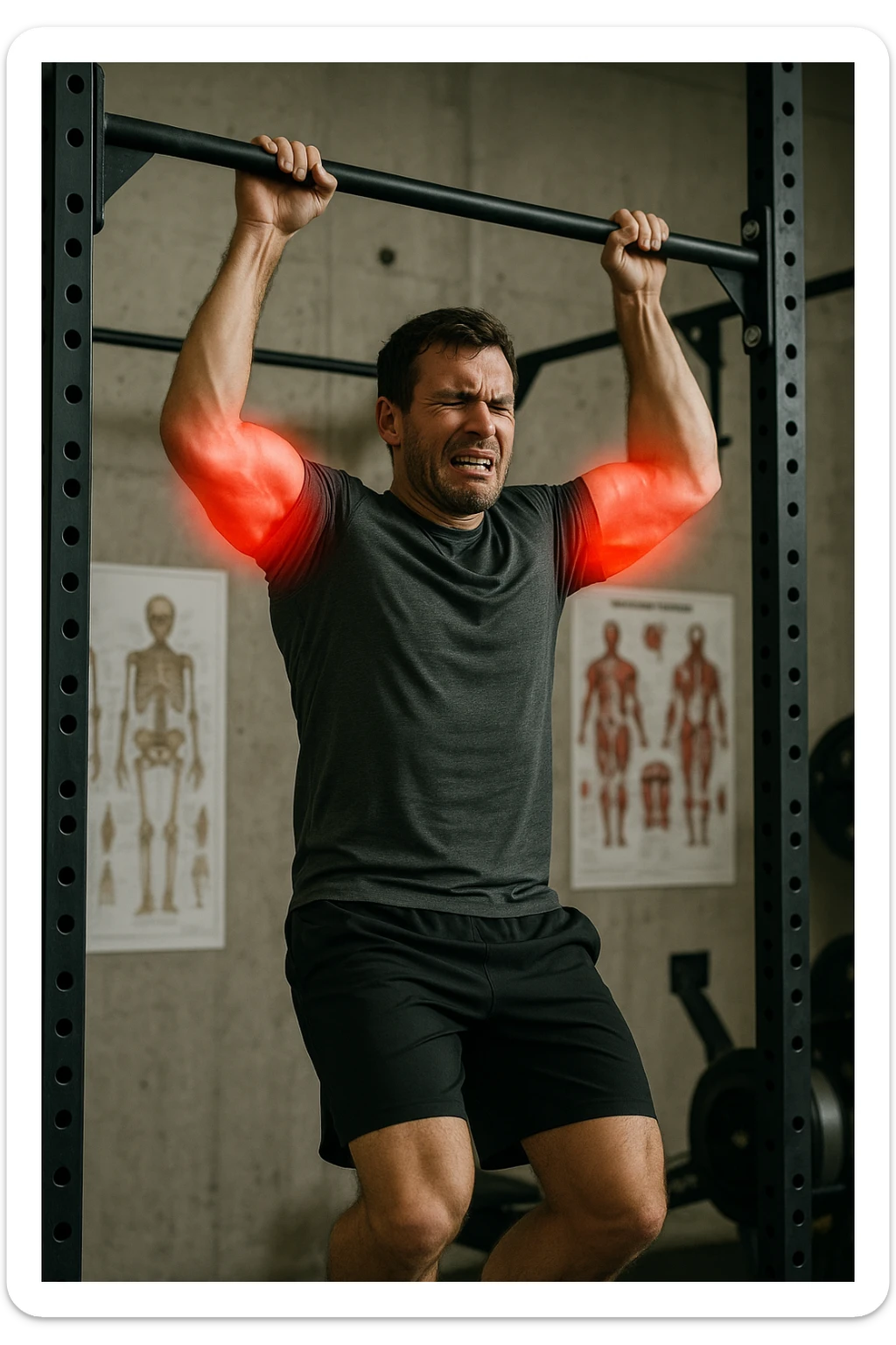 a man in athletic wear esegue una trazione alla sbarra in palestra. I suoi gomiti sono evidenziati con un alone rosso acceso o un effetto glow, indicando infiammazione. Un’espressione di dolore è visibile sul suo volto. Sullo sfondo, attrezzi da palestra e poster anatomici. L’atmosfera è educativa e realistica. sticker