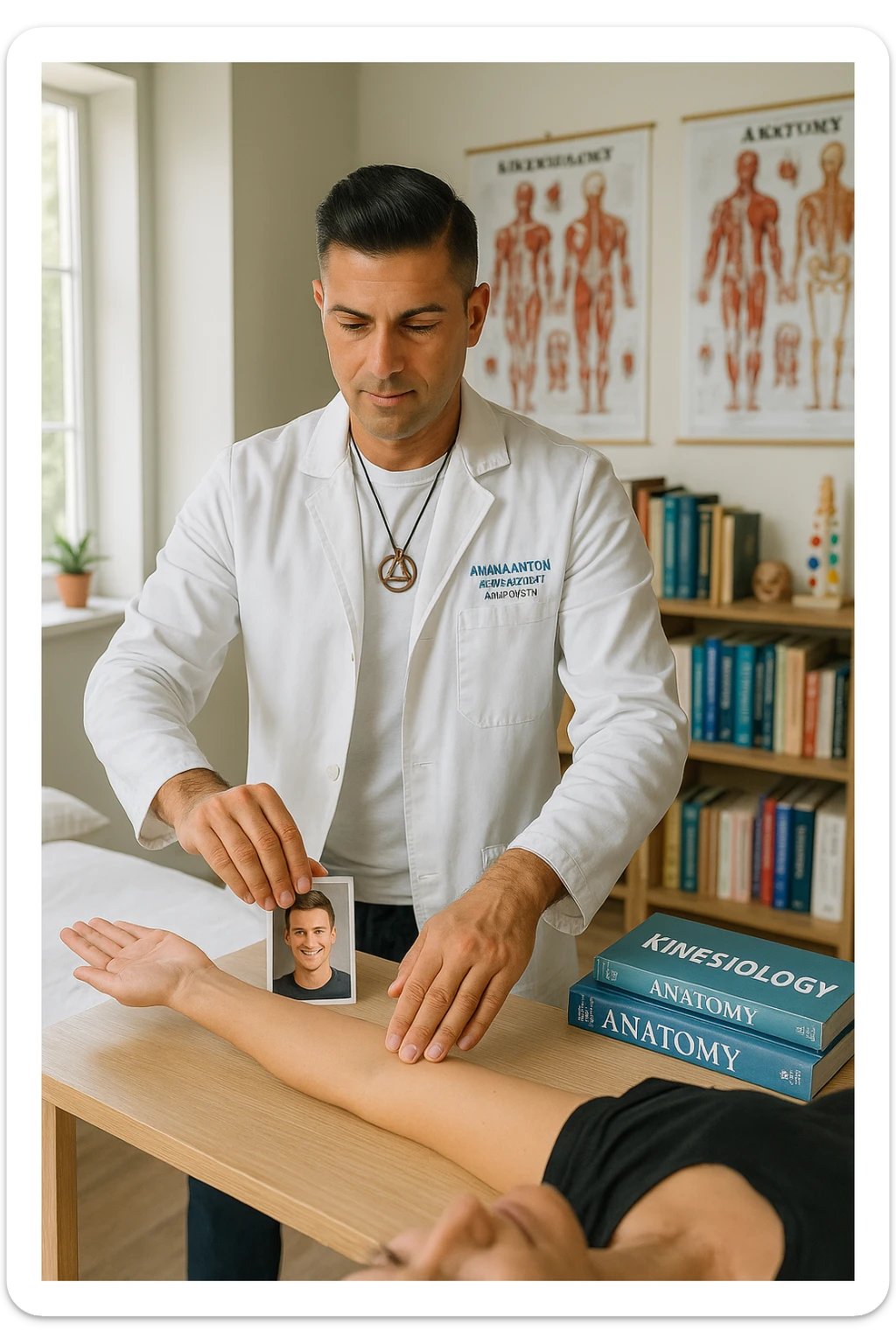 a middle-aged man, dressed in casual professional attire, is in a bright, organized therapy studio. Durante una visita di kinesiologia, il praticante tiene con una mano la foto di una persona lontana (il “testimone”) appoggiata su un tavolo, mentre con l’altra mano esegue un test muscolare su un cliente presente. Sullo sfondo si vedono libri di kinesiologia, poster anatomici e strumenti tipici della disciplina. L’atmosfera è concentrata e serena, con luce naturale che entra dalla finestra, sottolineando l’aspetto alternativo e umano della pratica. sticker