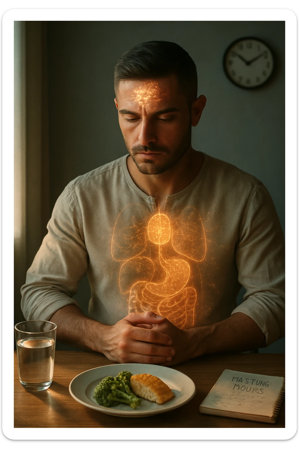 A cinematic close-up of a focused man in his mid-30s with slight beard and tired but determined eyes, sitting alone at a simple wooden table with an untouched plate of food in front of him. His hands are clasped, fingers interlocked in a meditative position over his lower abdomen, symbolizing willpower and internal balance. He wears a lightweight natural fiber shirt, sleeves rolled up. The lighting is soft and natural, early morning light coming from a nearby window. Around him, visual cues of cellular regeneration — faint glowing patterns subtly overlaying his body, especially near the liver, gut, and brain, suggesting autophagy and deep healing. The room is minimalist: a glass of water, a notebook with fasting hours, and a clock in the background ticking calmly. The tone is serene, intentional, and deeply introspective. Shot in 35mm cinematic style, warm highlights and clean shadows. sticker