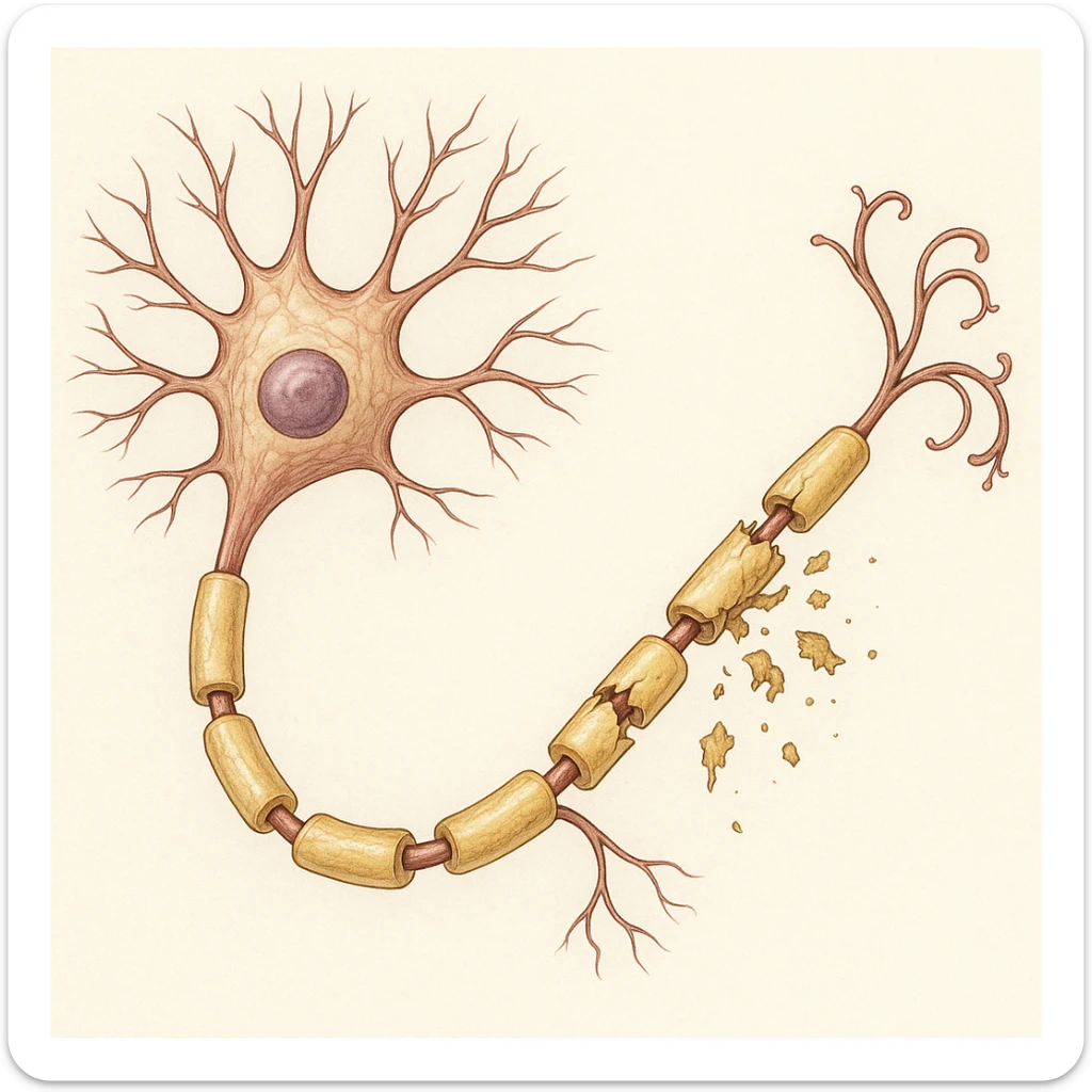 medical illustration of a neuron with its myelin sheath breaking down, detailed, clear anatomy sticker