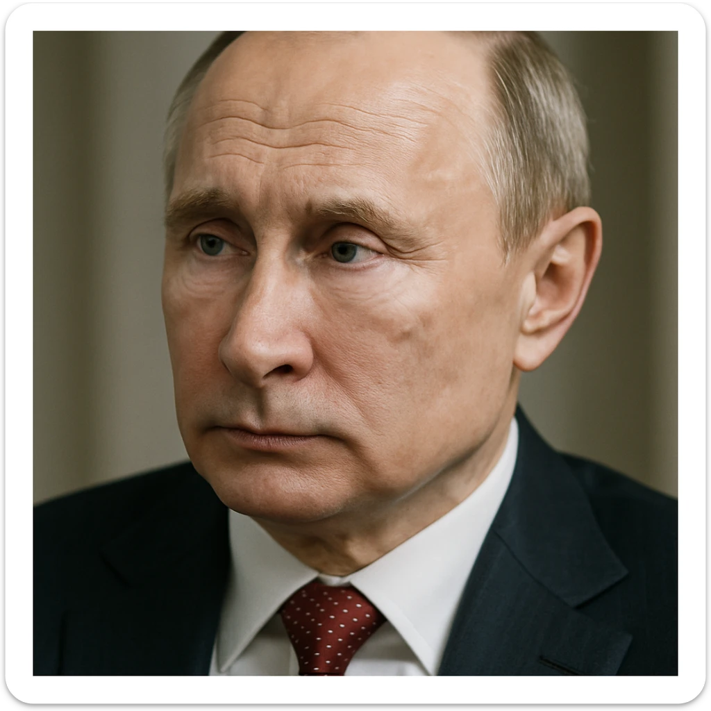 highly realistic portrait of Vladimir Putin, looking thoughtful, detailed facial features, photorealistic style sticker