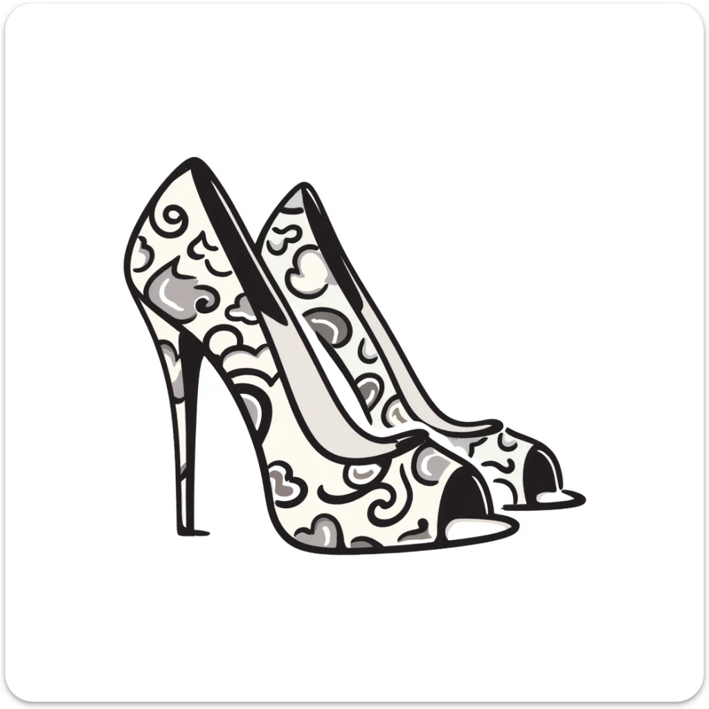 a pair of women's high heel shoes with elegant details, pastel colors dd9fb0, ffc6d3, a3bfc9, c4bee2, f1b091, detailed hand-drawn doodle style sticker
