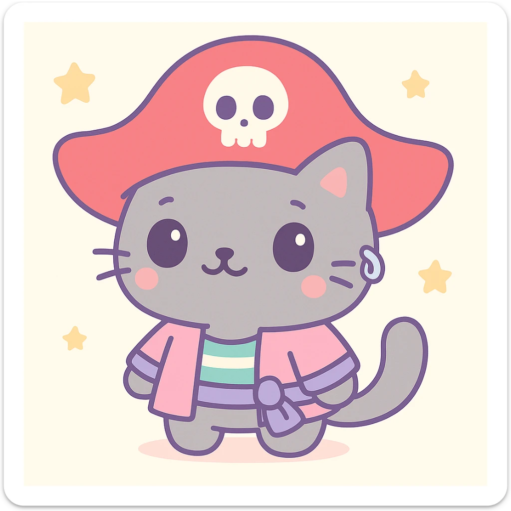 Male pirate cat in kawaii style with an oversized red hat, cute face, gray fur, and a silver earring. sticker