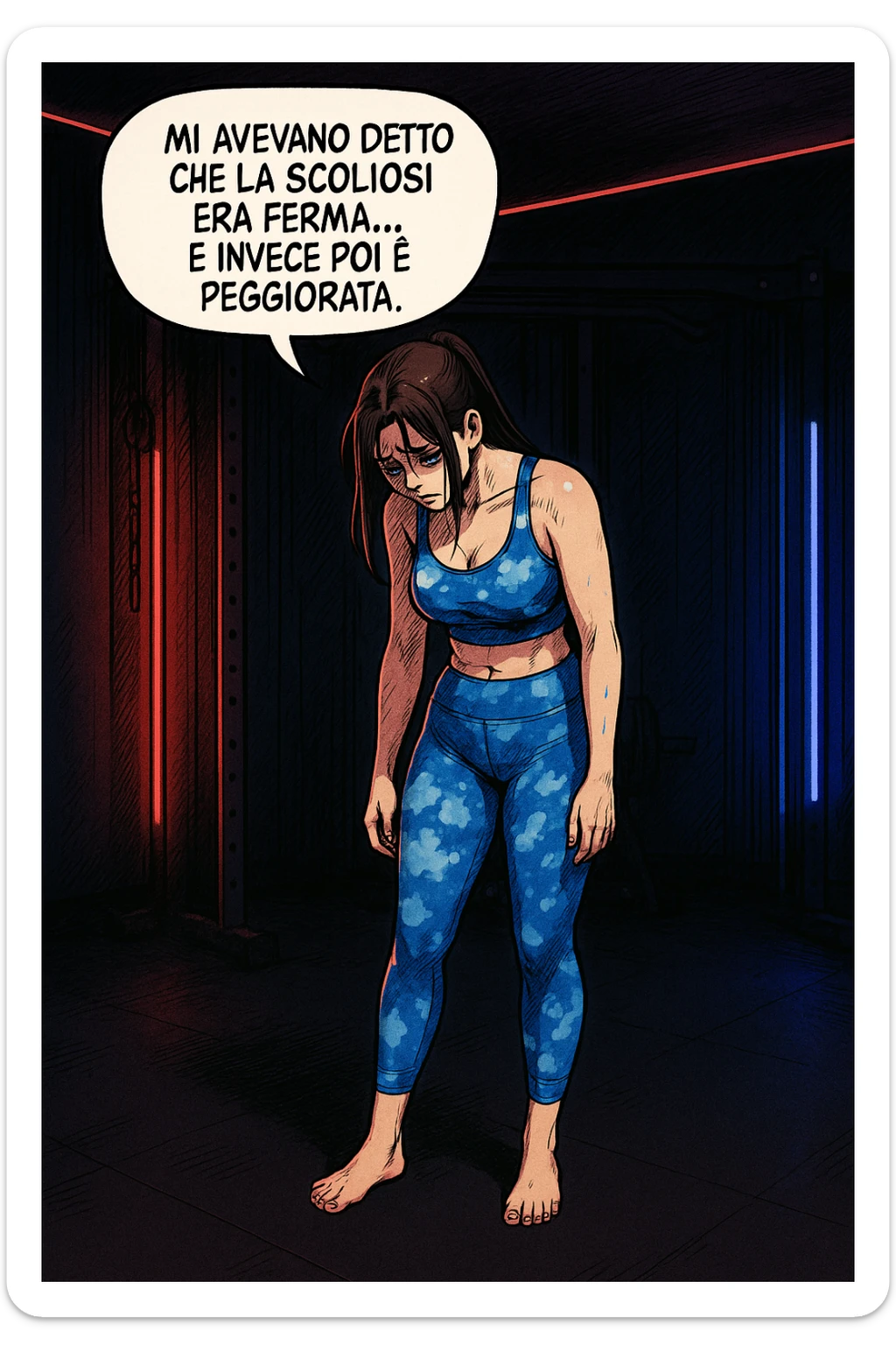 fai questa immagine in versione fumetto/manga/webtoon a colori, il manga mostra la donna disperata con un fumetto sulla testa che dice:
Mi avevano detto che la scoliosi era ferma… e invece poi è peggiorata.
 sticker