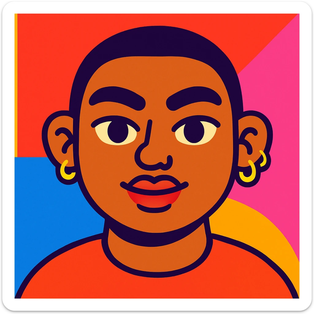 cute cartoon avatar of a person with a round face, big eyebrows, full lips, almond skin tone, wearing a nose pin and three ear piercings sticker