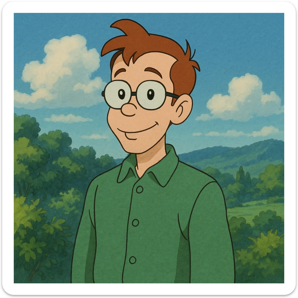 Carl Chryniszzswics from Johnny Bravo, nerdy best friend with glasses, green shirt, in Ghibli art style sticker