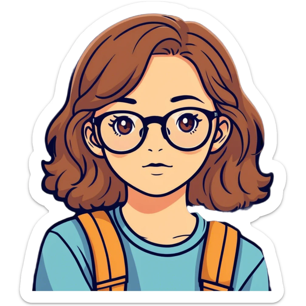 Teenage girl with glasses, hazel eyes, middism wavy hair, ￼￼￼ sticker