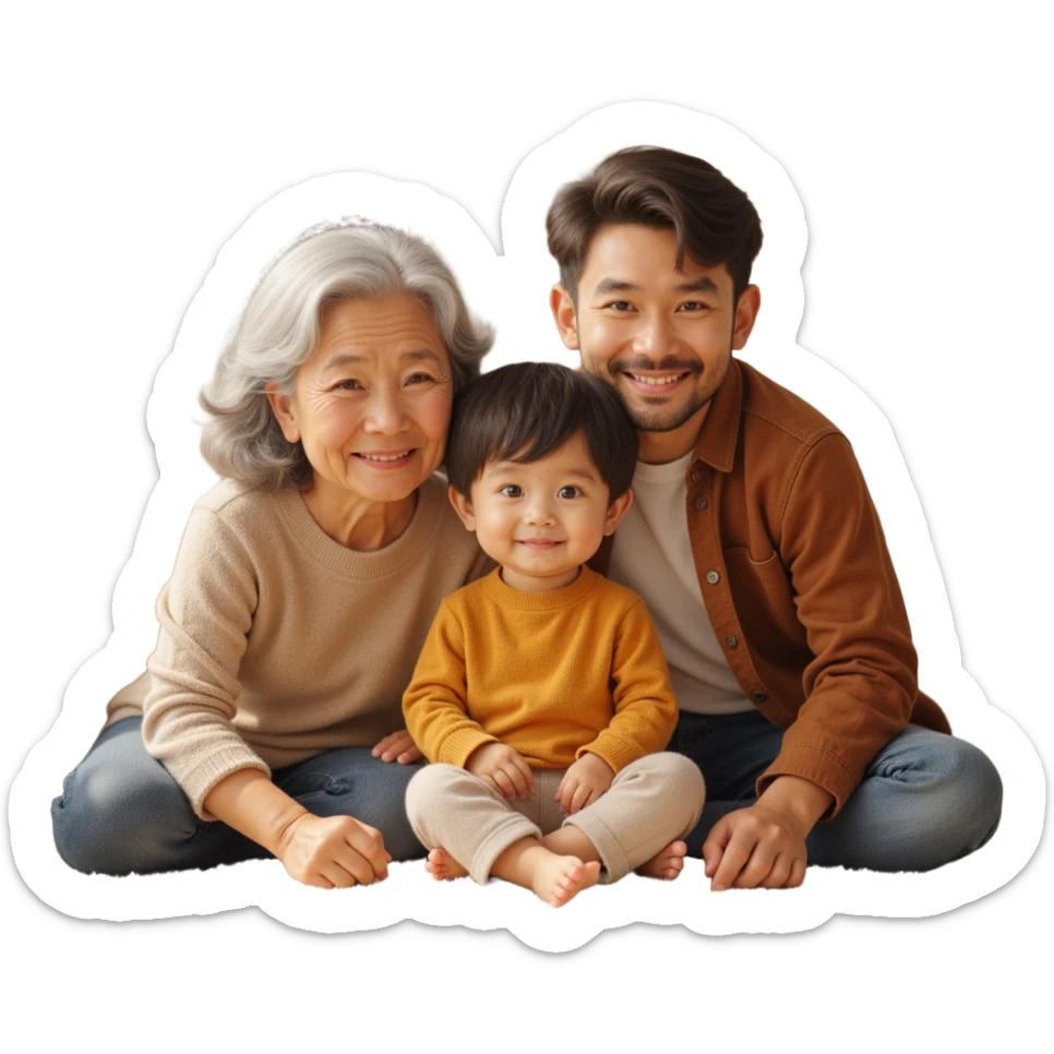 closeup shot of a multigenerational family (grandparents, parents, and child) with realistic facial features and warm lighting in skeuomorphism style sticker
